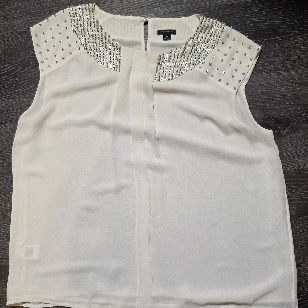 Ann Taylor Off White Blouse with Silver‎ Embellishments
